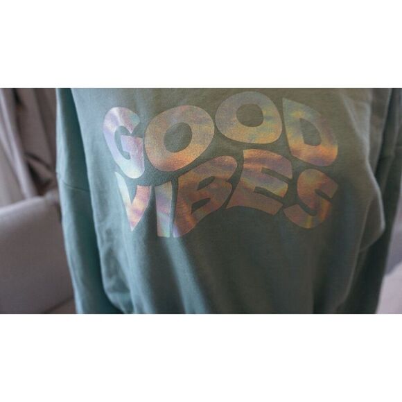 Old Navy Turquoise “Good Vibes” Loose Crew-Neck Cropped Sweatshirt - XS | NWT - Picture 2 of 15
